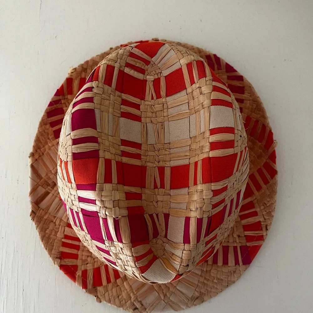 Jonathan Adler Straw Ribbon Orange and Pink Fedora Hat - Picture 8 of 10